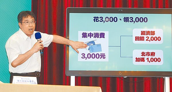 台北市政府20日召開北市敬老卡、愛心卡獨家加碼1000元記者會,副祕書長陳志銘現場用圖表介紹卡友的注意事項。(季志翔攝)