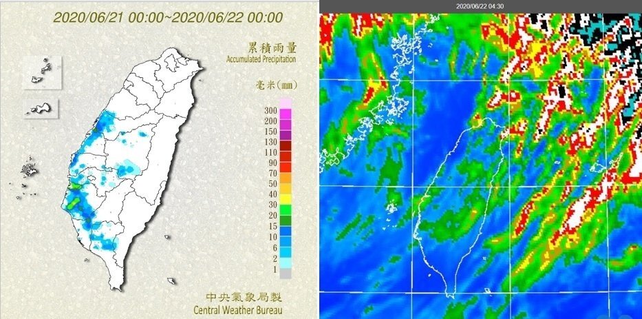 21日日累積雨量圖(左圖)顯示,清晨上午間台灣海峽的雨帶,移入時帶來明顯降雨;午後部分山區及平地,有小範圍短暫雷陣雨。22日晨4時30分紅外線色調強化雲圖(右圖)顯示,台灣上空有從「滯留鋒」往南飄的高層卷雲。圖/「三立準氣象.老大洩天機」專欄提供