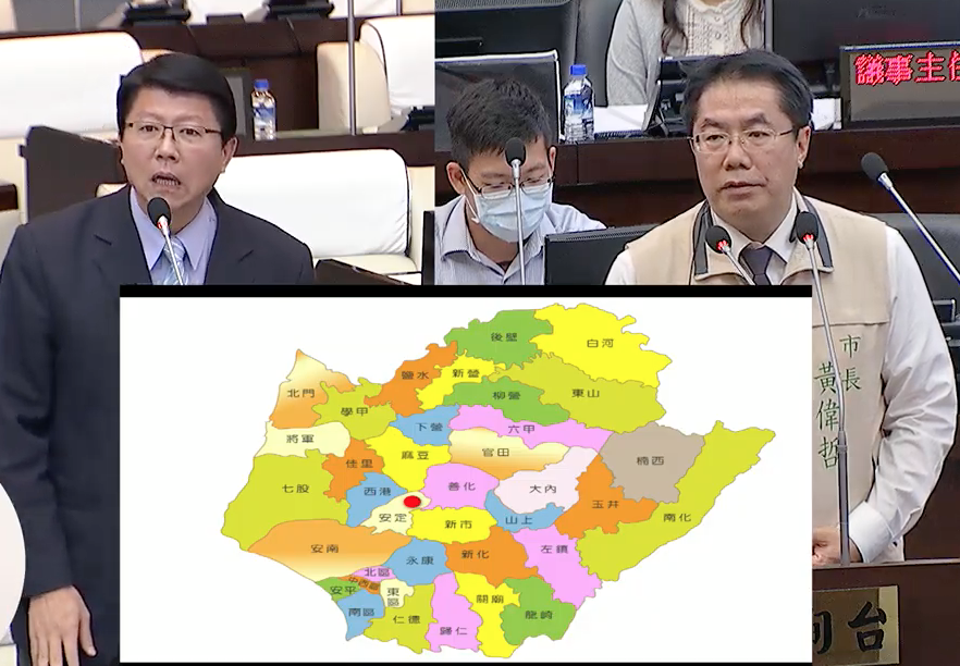 台南市議員謝龍介（左起）昨天在議會指出，安定區中榮里居民反對在該地設置水泥產業園區，要求市長黃偉哲徹查此案。記者鄭維真／攝影