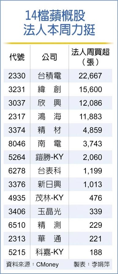 14檔蘋概股法人本周力挺