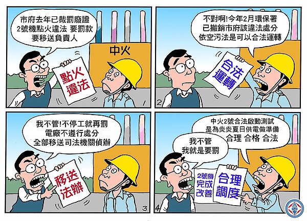 台中市副市長黃國榮率隊稽查中火，再次祭出開單重罰。並提供一張漫畫圖卡向民眾解釋台中火力發電廠2號機組發電爭議。圖／台電提供