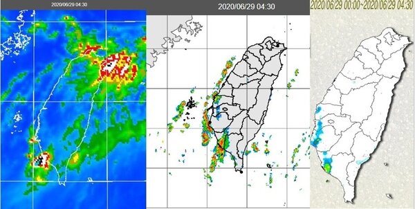 今天晨4：30紅外線雲圖顯示，台灣中南部沿海有對流雲系，其他地區上空則為稀疏卷雲(左圖)；4：30雷達回波合成圖顯示，中南部沿海有降水回波移入(中圖)；4：30日累積雨量圖顯示，中南部已有降雨(右圖)。圖／「三立準氣象．老大洩天機」專欄提供