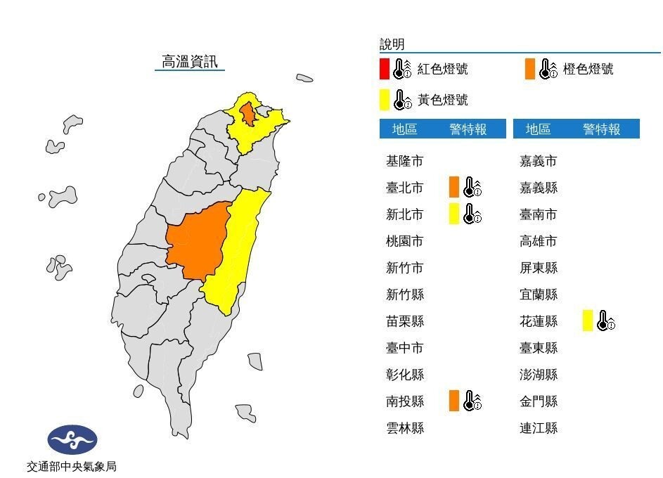 氣象局發布高溫資訊，5日中午前後台北市地區、南投縣近山區或河谷為橙色燈號，有連續出現36度高溫的機率。圖／取自氣象局網站