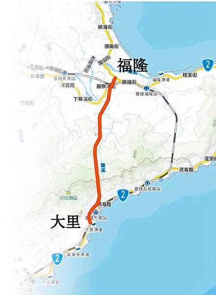 台2線福隆至大里段截彎取直計畫路線示意圖。(宜蘭縣政府提供/胡健森宜蘭傳真)