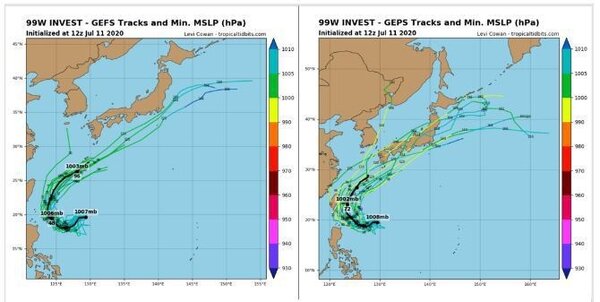最新美國（左圖）及加拿大（右圖）系集模式模擬顯示，熱帶擾動未來在台灣東側海面呈現大迴轉路徑，有的距離台灣較遠，有的則距離甚近。強度是否會跨過輕颱標準，有不確定性。圖／取自tropical tidbits