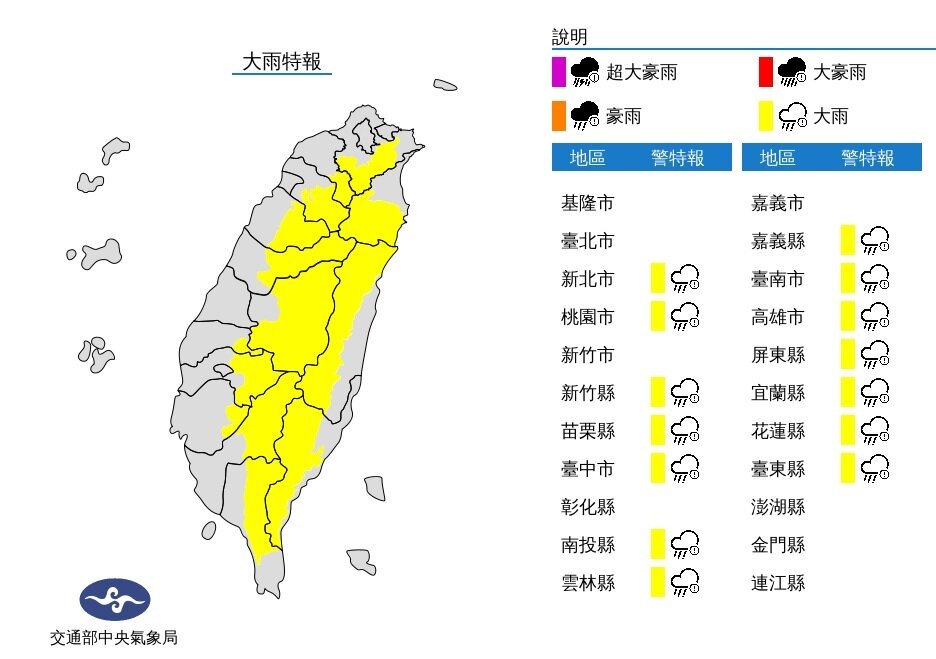 氣象局針對全台14縣市發布大雨特報。圖/截自中央局氣象局