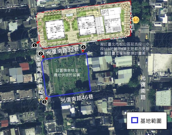 國家住都中心表示,松山延吉社宅基地,現況為幸福農場,由市府公園處向國防部政戰局申請代管,再由里辦公處向市府承租,北邊為都市更新集合住宅大樓(地上22層、地下4層)。圖片國家住都中心提供