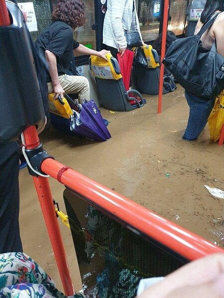 南韓釜山一輛公車內出現嚴重積水，乘客被迫站在座椅上避難。圖／擷自Twitter