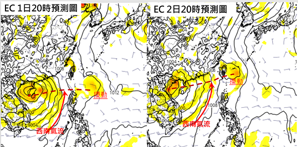最新歐洲模式模擬顯示,季風低壓環流往西北西移動,通過海南島附近後,進入大陸。明天季風低壓槽(紅虛線),往東延伸,東端有熱帶擾動,似乎來不及發展(左圖)。周日熱帶擾動通過台灣東部海面(右圖)。圖/取自「三立準氣象.老大洩天機」專欄
