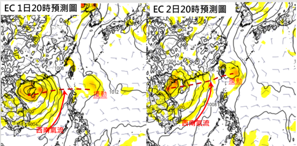 最新歐洲模式模擬顯示，季風低壓環流往西北西移動，通過海南島附近後，進入大陸。明天季風低壓槽(紅虛線)，往東延伸，東端有熱帶擾動，似乎來不及發展(左圖)。周日熱帶擾動通過台灣東部海面(右圖)。圖／取自「三立準氣象．老大洩天機」專欄