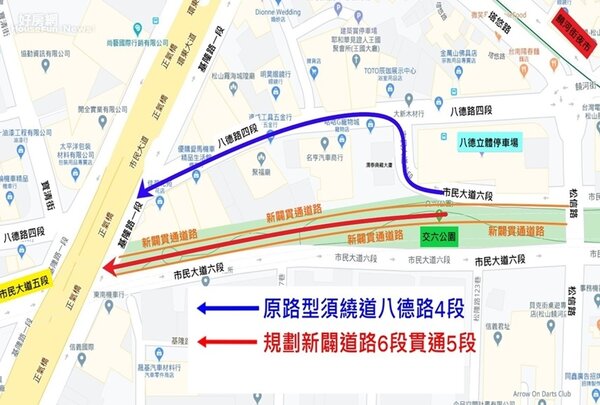 台北市市民大道6段至5段通車前和通車後路線比較。圖片台北市新工處提供