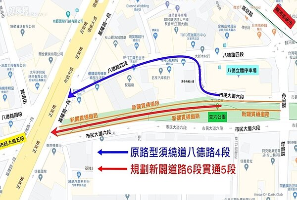 台北市市民大道6段至5段通車前和通車後路線比較。圖片台北市新工處提供