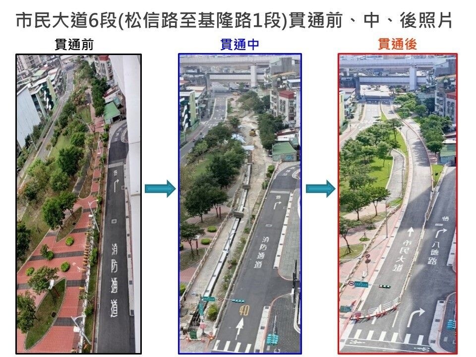 市民大道5、6段貫通工程竣工，31日正式通車。圖／台北市新工處提供