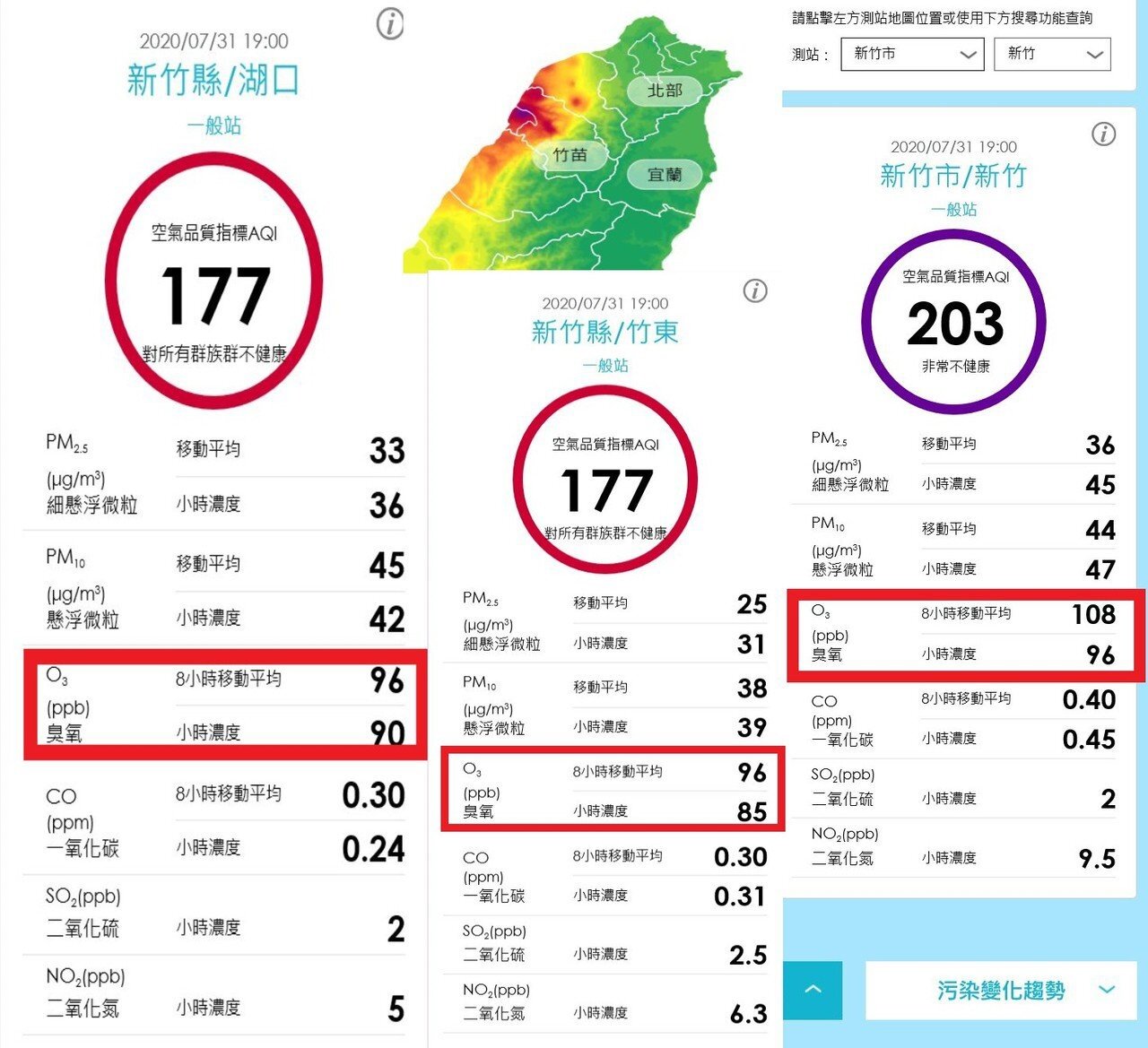 新竹、苗栗1日晚間出現空品紫爆、臭氧狂飆的罕見現象,除讓在地汙染全現形,也是氣候變遷衝擊空氣汙染的警訊。圖/取自環保署空氣品質監測網