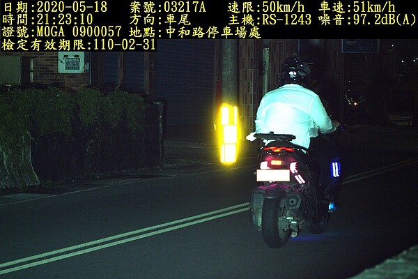 交通隊公布在中和路停車場前,實施測速、監測噪音科技執法,拍到超過噪音標準車輛照片。圖/交通隊提供