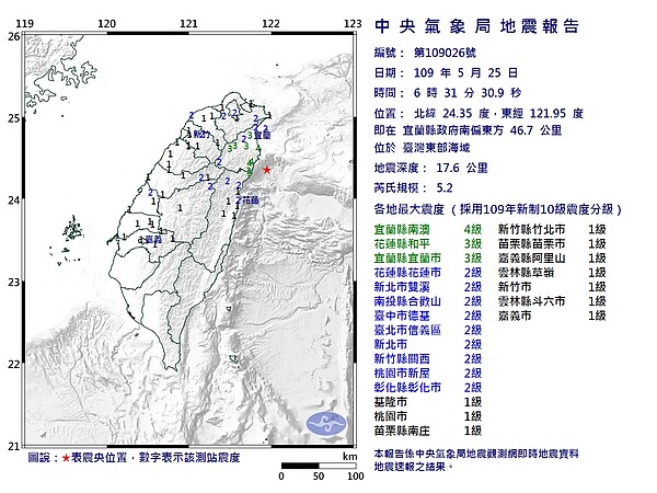 宜蘭規模5.2地震（圖／中央氣象局）