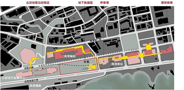 北市府挑選南港車站、北部流行音樂中心的街廓，計畫打造全長約800公尺的「南港綠廊」示範點，台北市都審會昨修正通過，拚2022年底完工。示意圖／北市都發局提供
