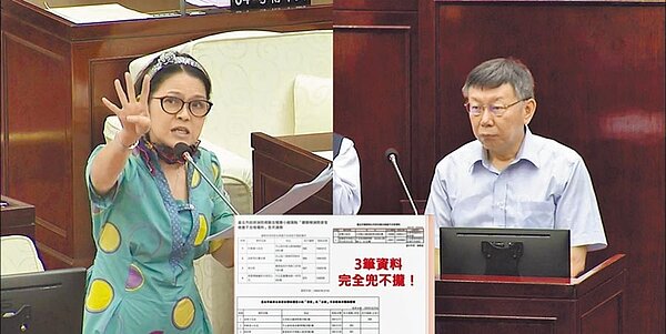 北市議員郭昭巖(左)4日質詢揭露,北市府、消防局、建管處的網站顯示,不合格場所的數據不統一,證實橫向聯繫有疏漏。(摘自北市議會直播/張穎齊台北傳真)