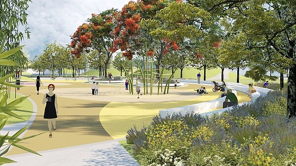 高雄市岡山河堤公園特色景觀模擬圖。圖/高雄市工務局養工處提供