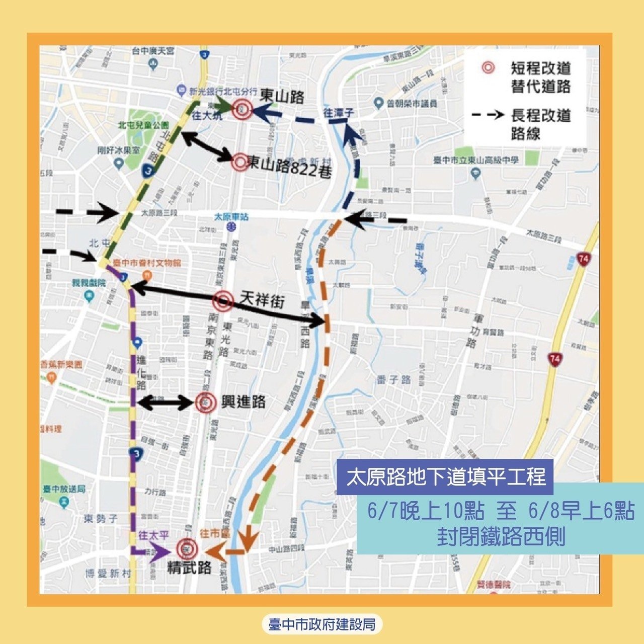 北屯太原地下道填平工程鐵路（南京東路）西側將施作AC鋪設工程，預計6月8日上午6時後全面開放通行。圖／台中市建設局提供