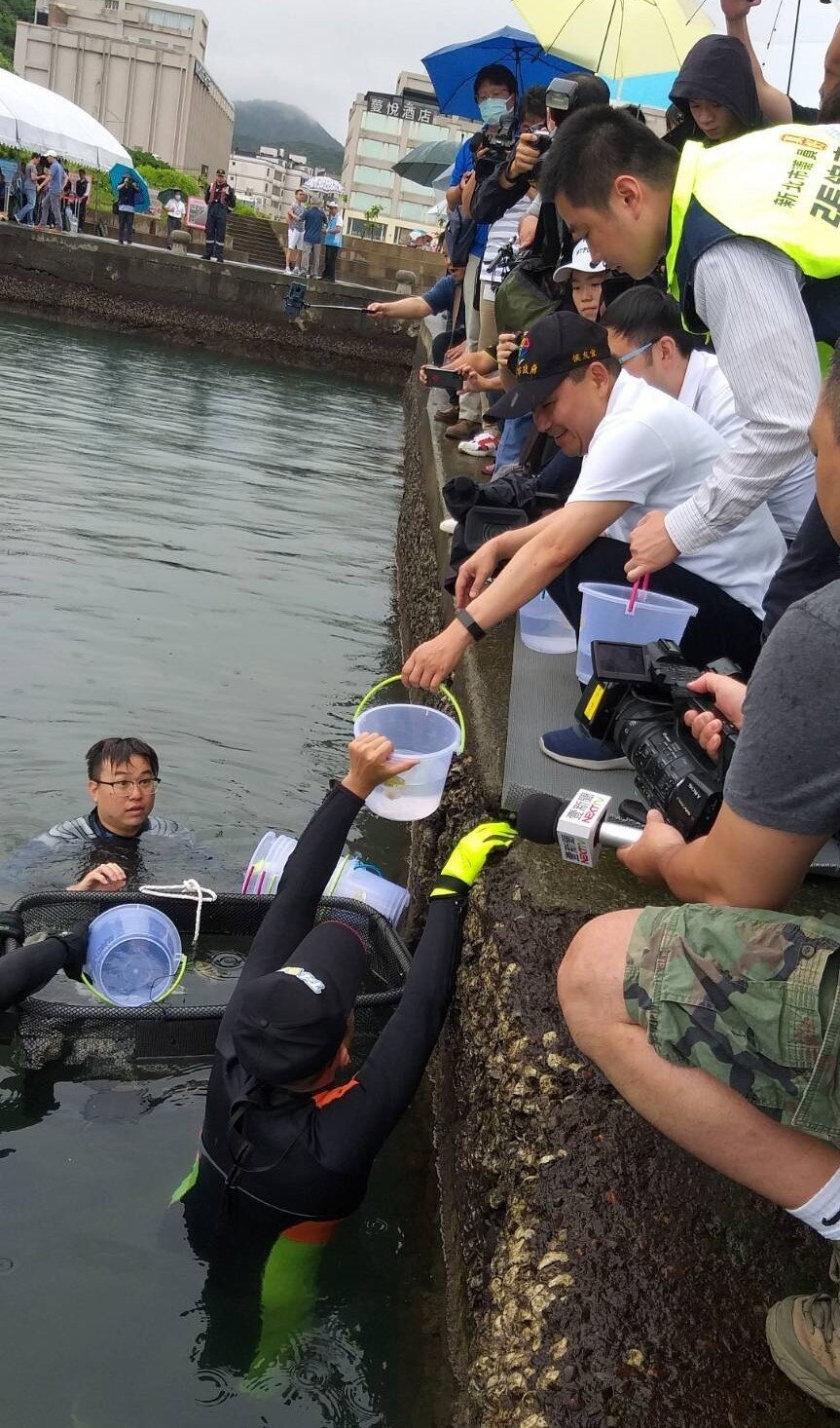 新北市長侯友宜（右2）昨天主持「野柳水產動植物繁殖保育區」揭牌儀式，並放流花枝苗，宣示保育、復育海洋用心。記者邱瑞杰／攝影