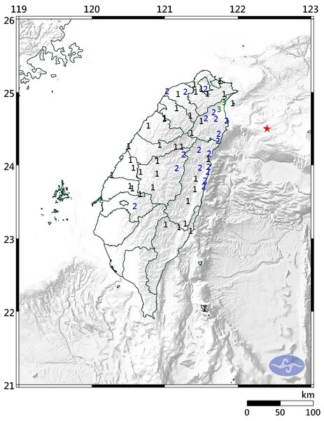 11日上午9點38分26秒，台灣東部海域發生芮氏規模5.2地震。圖／氣象局