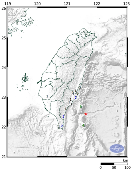 21日上午7時54分47.2秒台東地區發生芮氏規模4.6的有感地震。圖／中央氣象局提供