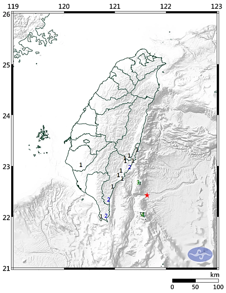 21日上午7時54分47.2秒台東地區發生芮氏規模4.6的有感地震。圖／中央氣象局提供
