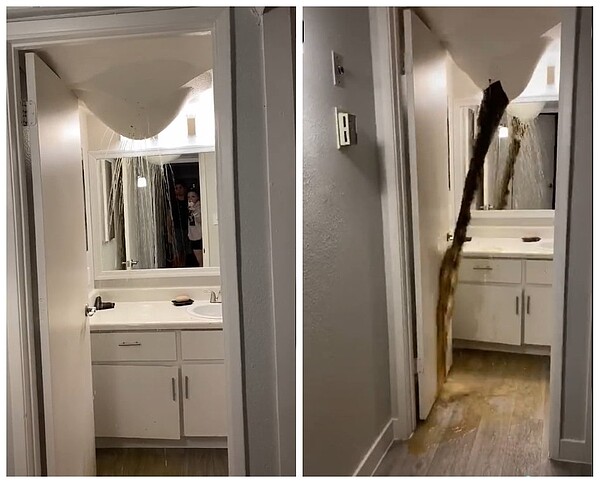 國外一對夫妻入住新公寓才第4天,就遇上浴室天花板膨脹破裂,疑似屎水的液體傾倒而下,瞬間淹滿整間浴室。圖擷自@taylorkayvanduyn