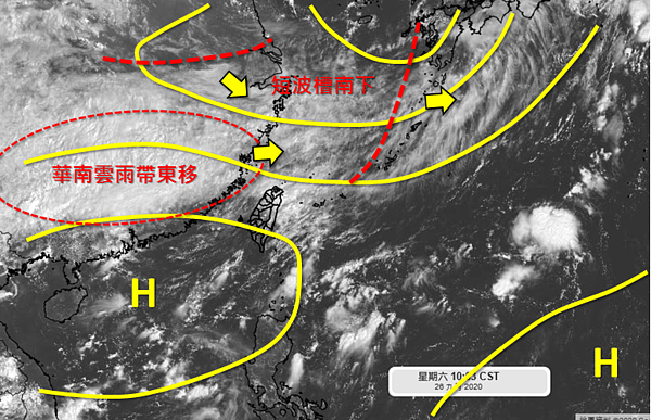 隨著北方中層短波槽東移南壓,華南雲雨帶東移的水氣會更趨於明顯。圖/取自「天氣職人-吳聖宇」臉書粉絲專頁