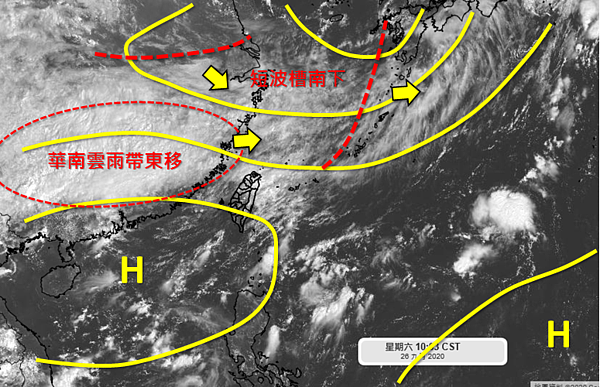 隨著北方中層短波槽東移南壓，華南雲雨帶東移的水氣會更趨於明顯。圖／取自「天氣職人-吳聖宇」臉書粉絲專頁