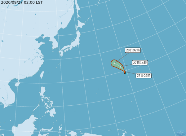 在威克島西方海面有一熱帶性低氣壓，向北北西移動，時速25公里，預測24小時有發展為輕度颱風的趨勢。圖／取自氣象局網站