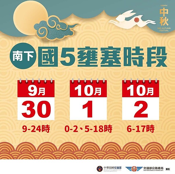 交通部提供懶人包說明中秋假期國道5號疏運措施。取自林佳龍臉書