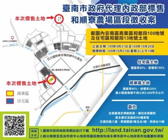台南市和順寮土地公開標售，地點正對台史博館生活圈。圖／台南市政府提供