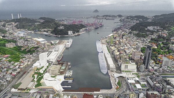 基隆山海城計畫第二階段第一期工程,將海洋廣場(圖下紅色區塊)延伸打造親水平台及觀景階梯,第二期工程,將建平台跨越中正路到基隆港東岸(圖右方)。圖/基隆市政府提供