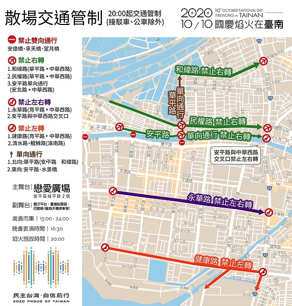 國慶焰火散場管制資訊。圖／台南市交通局提供