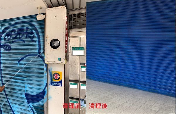 江姓男子於文山區忠順街1段民宅鐵捲門塗鴉,現已清除。圖/台北市政府提供