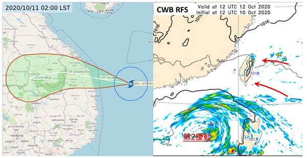 中央氣象局路徑潛勢預測圖顯示,蓮花颱風向西行進,今天傍晚將登陸越南。此外,圖右的氣象局區域模式模擬明晚8時,第二個熱帶擾動已通過呂宋島、進入東沙島南方海面;未來向海南島前進,亦有發展成颱風的機率;台灣東側水氣因此增多。圖/取自「三立準氣象.老大洩天機」專欄