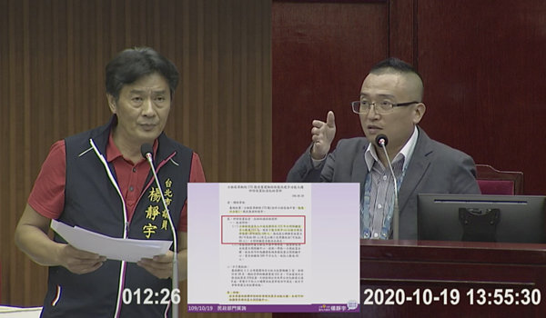 北市議員楊靜宇（左）建議，未來日照中心以次區域來規畫；北市社會局長周榆修（右）說可以研議。圖／截自北市議會影片