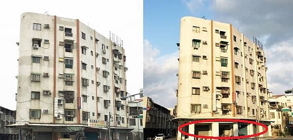 台南「美麗華大廈」原本是懸臂式騎樓,也就是所謂的軟腳蝦建築,如今透過補強工程提升居住安全。圖/營建署提供