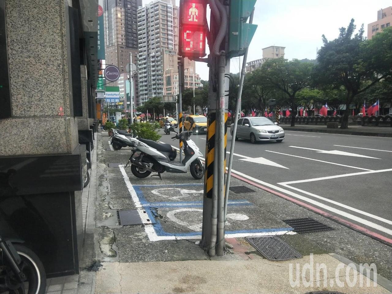 身障停車格純欣賞,燈桿、違停擋道。圖/議員童子瑋提供