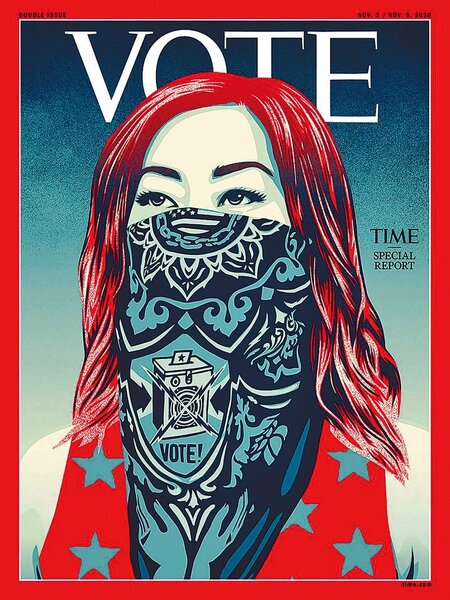 最新一期美國《時代》雜誌將封面上方的TIME（時代）改成VOTE（投票），以呼籲民眾踴躍投票。圖／摘自時代雜誌
