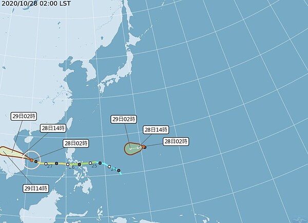 中央大學大氣科學系兼任副教授吳德榮在「三立準氣象．老大洩天機」專欄表示，根據中央氣象局「路徑潛勢預測圖」顯示，菲律賓東方海域的「熱帶擾動」已增強為「熱帶低壓」，朝菲律賓中部前進，今日將發展成第19號颱風「天鵝」。圖/氣象局提供