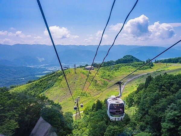 新北市觀音山纜車預計明年中招標,全長約2公里,初估耗資9億元。圖為類似景觀構想的日本白馬岳纜車運行情形。圖/新北觀旅局提供