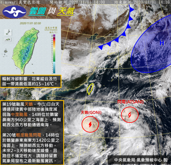 第19號颱風「天鵝」，已受地形破壞，減弱為「輕度」，距台灣遙遠、無影響。第20號颱風「閃電」(左圖)則朝西北，移速減慢，明(3)日起滯留、之後再轉往呂宋島方向，路徑「不確定性」很高。圖／中央氣象局提供