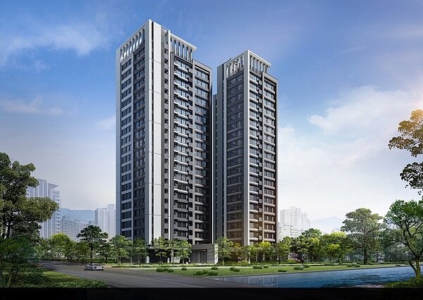 國泰建設在桃園小檜溪重劃區推出首案「國泰川青」,規劃40~58坪產品,推出後吸引不少企業主、醫生及自營商購買/3D外觀示意圖。