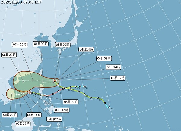 中央大學大氣科學系兼任副教授吳德榮在「三立準氣象．老大洩天機」專欄表示，第20號颱風「閃電」，今天起滯留、打轉，之後再轉往巴士海峽一帶，「潛勢預測圖」的紅框擴大，顯示路徑的「不確定性」很高。圖/氣象局提供