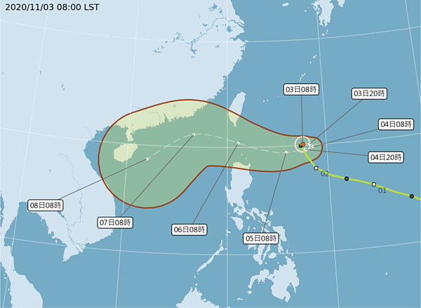 根據氣象局的路徑潛勢預報圖顯示,目前閃電颱風的路徑較為偏南,台灣會在周五、週六(6、7日)時受到颱風外圍環流的影響比較明顯。圖/氣象局提供