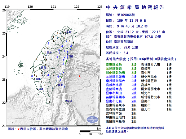 位於台灣東部海域發生芮氏規模5.4有感地震。圖/氣象局提供