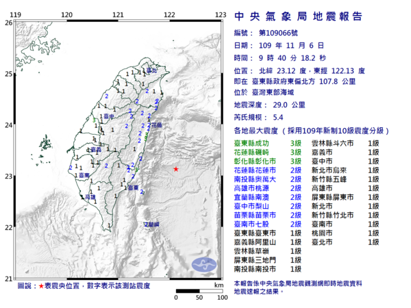 位於台灣東部海域發生芮氏規模5.4有感地震。圖／氣象局提供